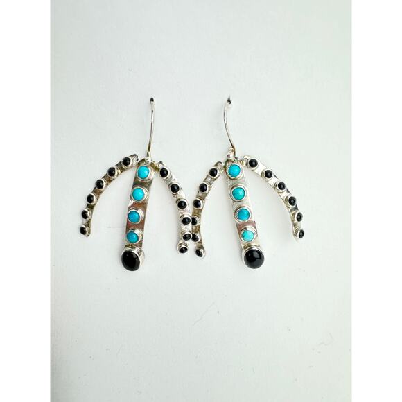 Arizona Turquoise Black Onyx Sterling 925 Silver Earrings - Picture 3 of 3